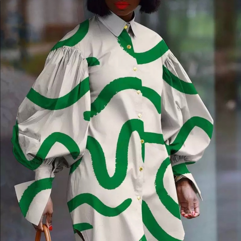 Beautiful Shirt Dress with Puffed Sleeves (green/white)